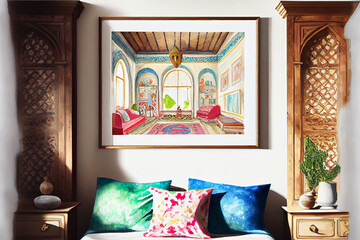 Room interior in Turkish style, showcasing the rich cultural heritage and intricate design elements of traditional Turkish decor, generative ai illustration
