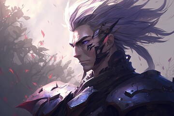 close up portrait illustration of fiction hero character design, handsome warrior in metal plate with copy space, idea for fantasy theme background wallpaper, Generative Ai