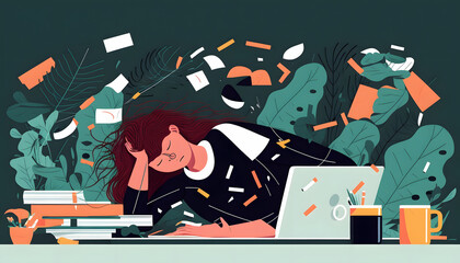 woman tired from work, vector illustration