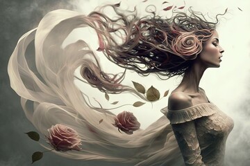 beautiful woman portrait with flower petal flow in wind, idea for beauty, dream, and women's day theme,  Generative Ai