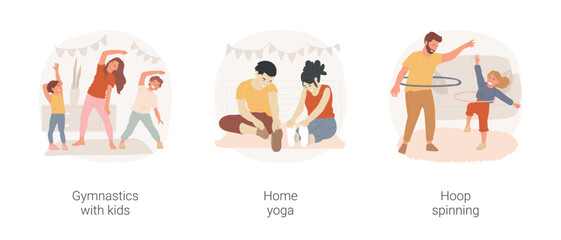 Home fitness isolated cartoon vector illustration set. Gymnastics online, parent and child doing workout, home yoga, stretching together, hoop spinning, hula-hooping, active family vector cartoon.