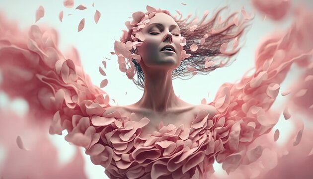 beautiful woman portrait with flower petal flow in wind, idea for beauty, dream, and women's day theme,  Generative Ai