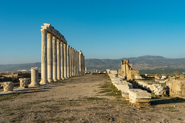Side of West Agora at the ancient city of Laodikeia (Laodicea) near Denizli in Turkey. Copy space for text.