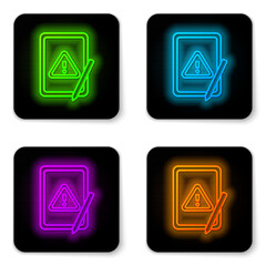 Glowing neon line Graphic tablet with exclamation mark icon isolated on white background. Alert message smartphone notification. Black square button. Vector