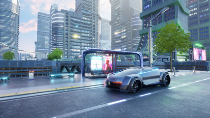 Autonomous electric sport car in smart city, metaverse or cyberpunk conpept, 3d render