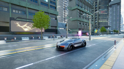 Autonomous electric sport car in smart city, metaverse or cyberpunk conpept, 3d render