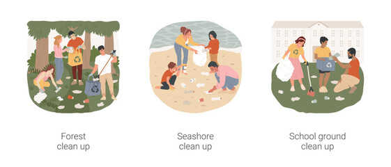 Outdoor clean up isolated cartoon vector illustration set. People collect trash in the forest, seashore clean up, picking rubbish in the school area, community volunteering vector cartoon.