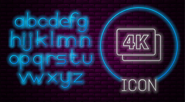 Glowing neon line 4k Ultra HD icon isolated on brick wall background. Neon light alphabet. Vector