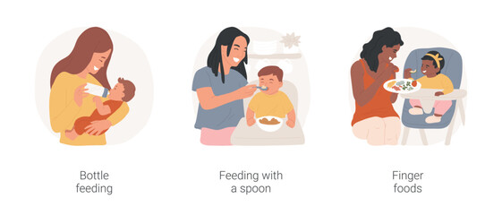 Baby meal isolated cartoon vector illustration set. Mom feeding the baby from the bottle, giving food from a spoon, child eating with fingers, trying new taste, childhood nutrition vector cartoon. - 568906504