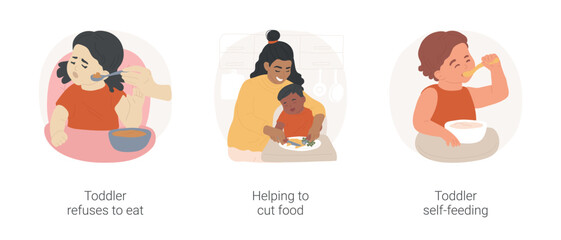 Feeding a toddler isolated cartoon vector illustration set. Toddler refuses to eat, naughty crying kid at table, mom helping to cut food, self-feeding, child independent eating vector cartoon.