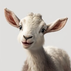 Close-up of a cute and funny goat smiling, isolated on white background.