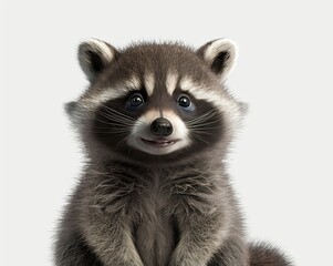 Close-up of a cute and funny raccoon smiling, isolated on white background.