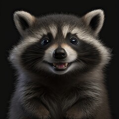 Obraz premium Close-up of a cute and funny raccoon smiling, isolated on black background.