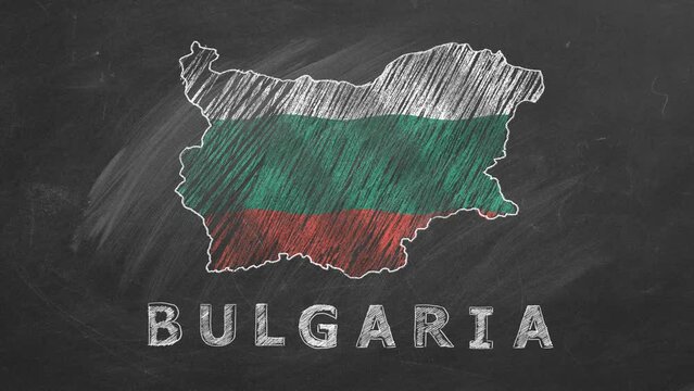 Map of Bulgaria with name and flag inside drawn in chalk on a blackboard. Hand drawn animation. One of a large series of maps and flags of different countries. Education, travel, study abroad concept