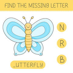 Find the missing letter is an educational game for kids with a butterfly. Cute cartoon butterfly. Practicing English alphabet. Vector illustration.