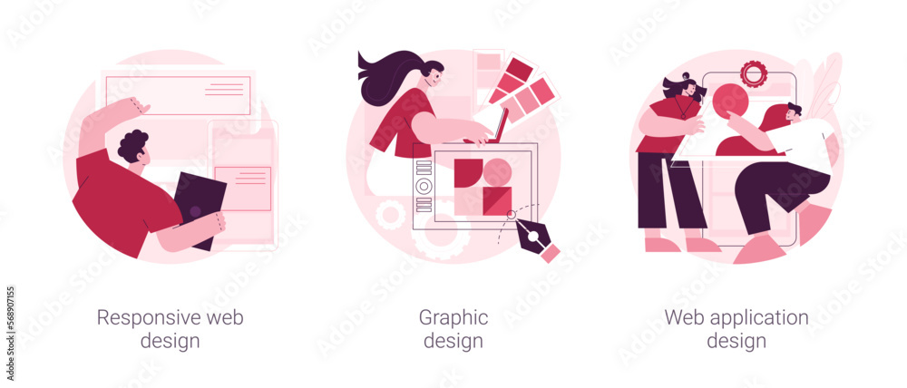 Poster graphic designer service abstract concept vector illustration set. responsive web design, graphic an