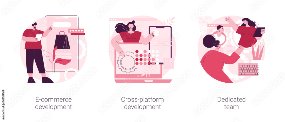 Poster remote developers team abstract concept vector illustration set. e-commerce development, cross-platf