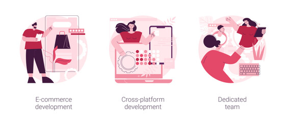 Remote developers team abstract concept vector illustration set. E-commerce development, cross-platform, dedicated team, web application, software environment, operating system abstract metaphor.