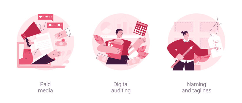 Corporate communication abstract concept vector illustration set. Paid media, digital auditing, naming and taglines, product slogan, copywriting service, social media post, article abstract metaphor.