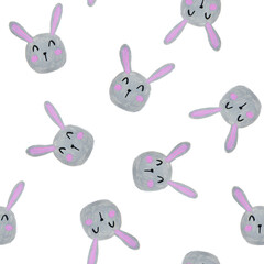 Hand drawn seamless Easter bunny pattern. Cute bunny, white background. Watercolor Illustration.