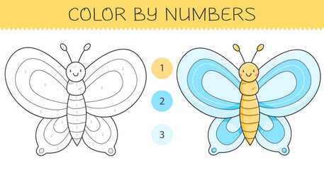 Color by numbers coloring book for kids with a butterfly. Coloring page with cute cartoon butterfly with an example for coloring. Monochrome and color versions. Vector illustration.
