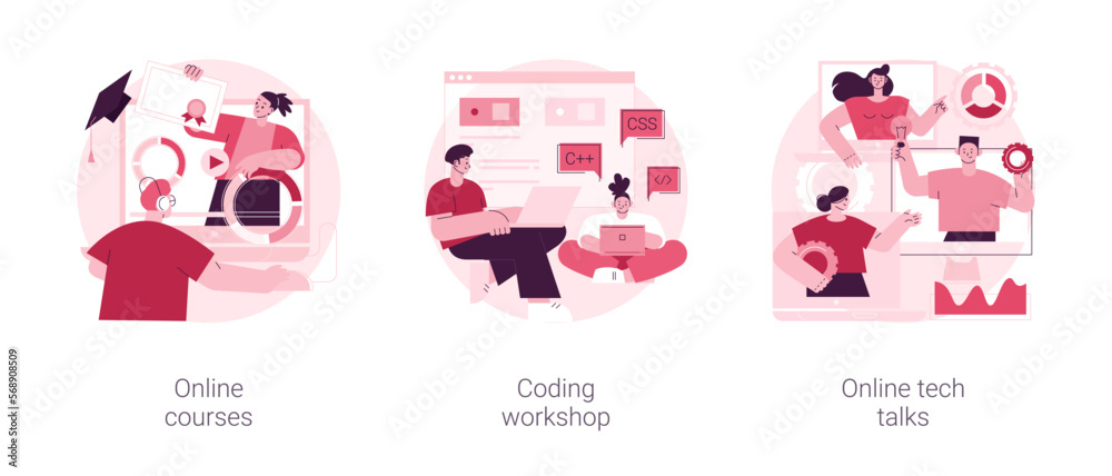Poster it digital education abstract concept vector illustration set. online courses, coding workshop, onli