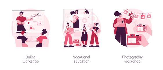 Professional learning abstract concept vector illustration set. Online workshop, vocational education, photography post processing and portfolio creation, student group, college abstract metaphor.