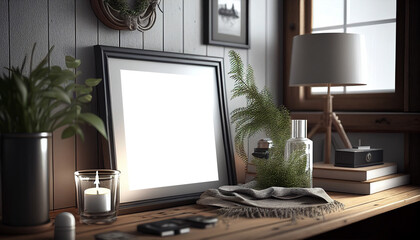 Mockup square frame in elegant study desktop, home interior design . Generative AI