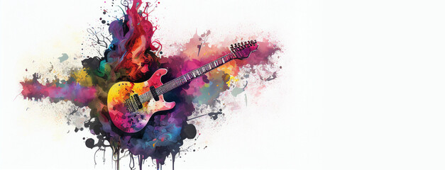 Electric guitar colorful watercolor illustration on white background, horizontal banner with copy space. Generative AI - obrazy, fototapety, plakaty