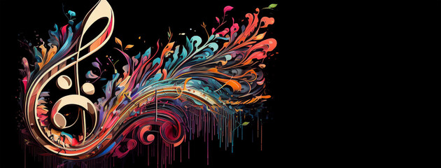 Music stave and treble clef colorful splash illustration on black background, horizontal banner with copy space. Generative AI
