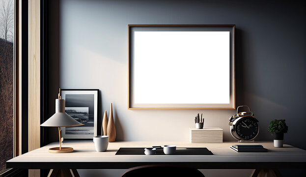 Mockup horizontal frame study desktop home interior elegant modern furnishing. Generative AI 3D render