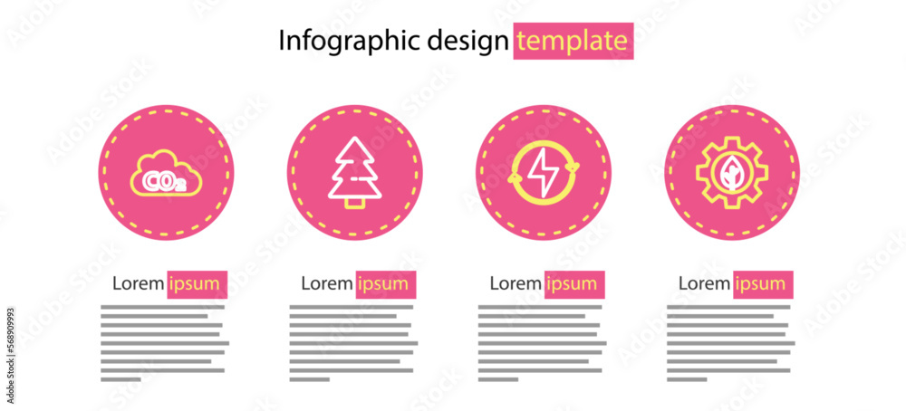 Poster Set line Lightning bolt, Leaf plant gear machine, Christmas tree and CO2 emissions cloud icon. Vector