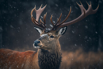 Fototapeta premium A deer with big horns is standing in the middle of the forest, it's snowing