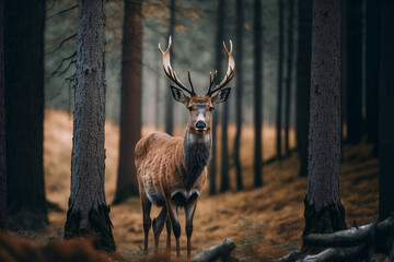 A deer with big horns is standing in the middle of the forest, it's snowing