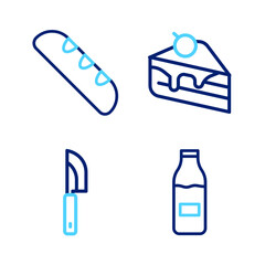 Set line Bottle with milk, Knife, Piece of cake and French baguette bread icon. Vector