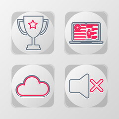 Set line Speaker mute, Cloud, Medical clinical record and Trophy cup icon. Vector