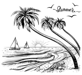 Beach sketch with palms, sunset, yachts regatta. Hand drawn black and white vector illustration of seaside view.
