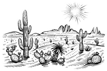 Rollo Desert western landscape sketch. Vector black and white illustration with saguaro cacti, sun, and rocks. © airmel