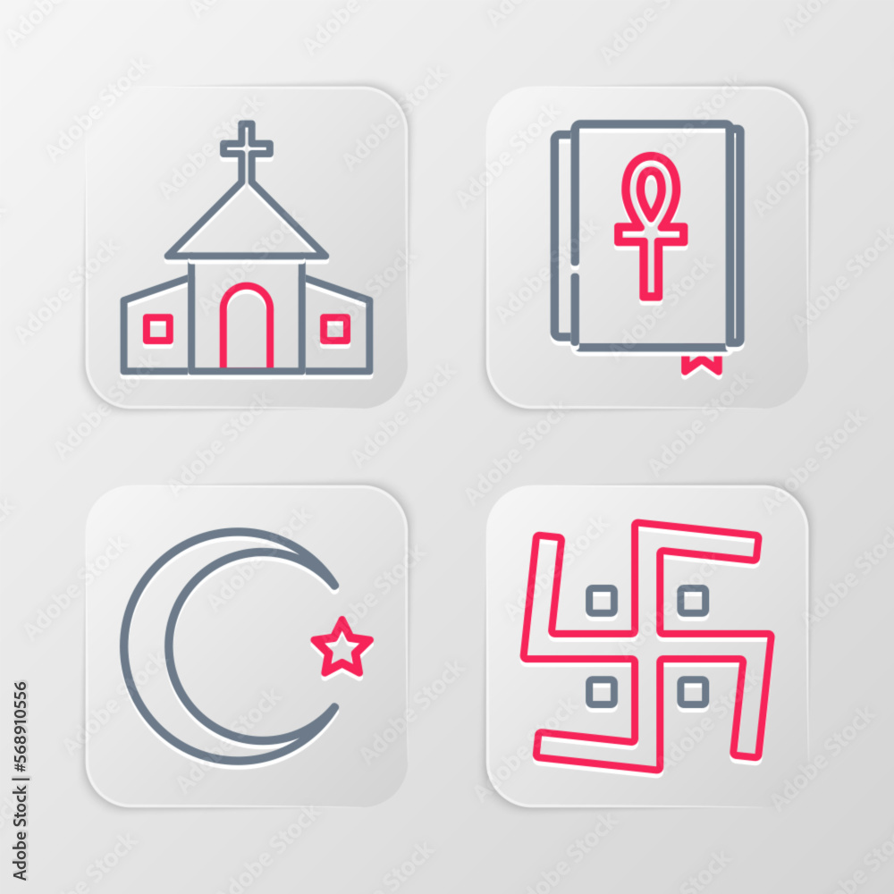 Poster set line hindu swastika, star and crescent, cross ankh book and church building icon. vector