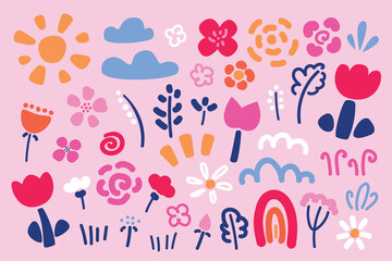 Vector collection of flowers, plants, sun, clouds and rainbow in hand drawn style. Spring set in kids style