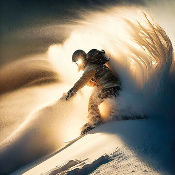 A snowboarder riding in powder snow in beautiful light - generative ai