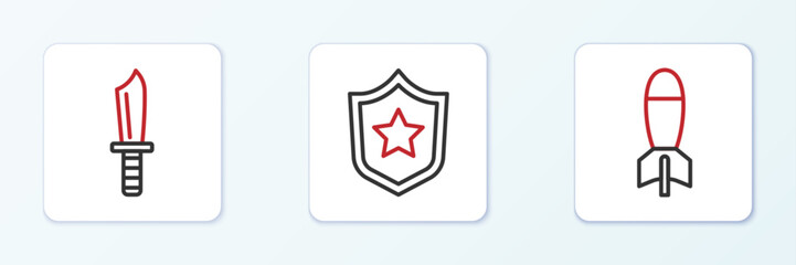 Set line Rocket launcher, Military knife and Police badge icon. Vector