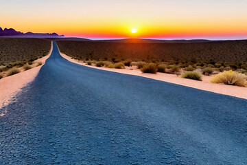 Fototapeta premium Endless gray rough asphalt road leading to a mountain range on the horizon during sunset, made with generative AI