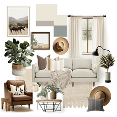 a cozy and minimalist farmhouse design decor mockup featuring muted boho decor with muted neutral tones, AI assisted finalized in Photoshop by me
