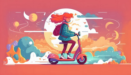 Obraz na płótnie Canvas girl riding a scooter, vector illustration