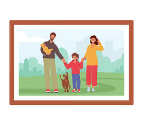Happy Family Photo In Frame With Children, Parents And Pet Characters Enjoying Outdoor Walk, Bonding And Spending Time