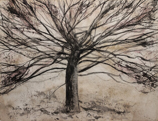 Lonely preading tree without leaves with many branches. Mystical watercolor illustration in sephia