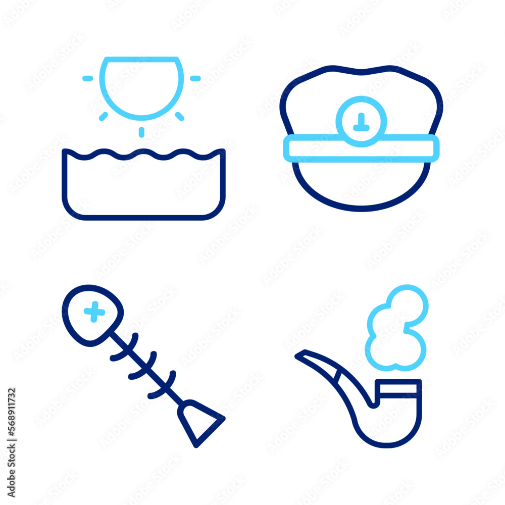 Canvas Prints set line smoking pipe, dead fish, captain hat and sun icon. vector