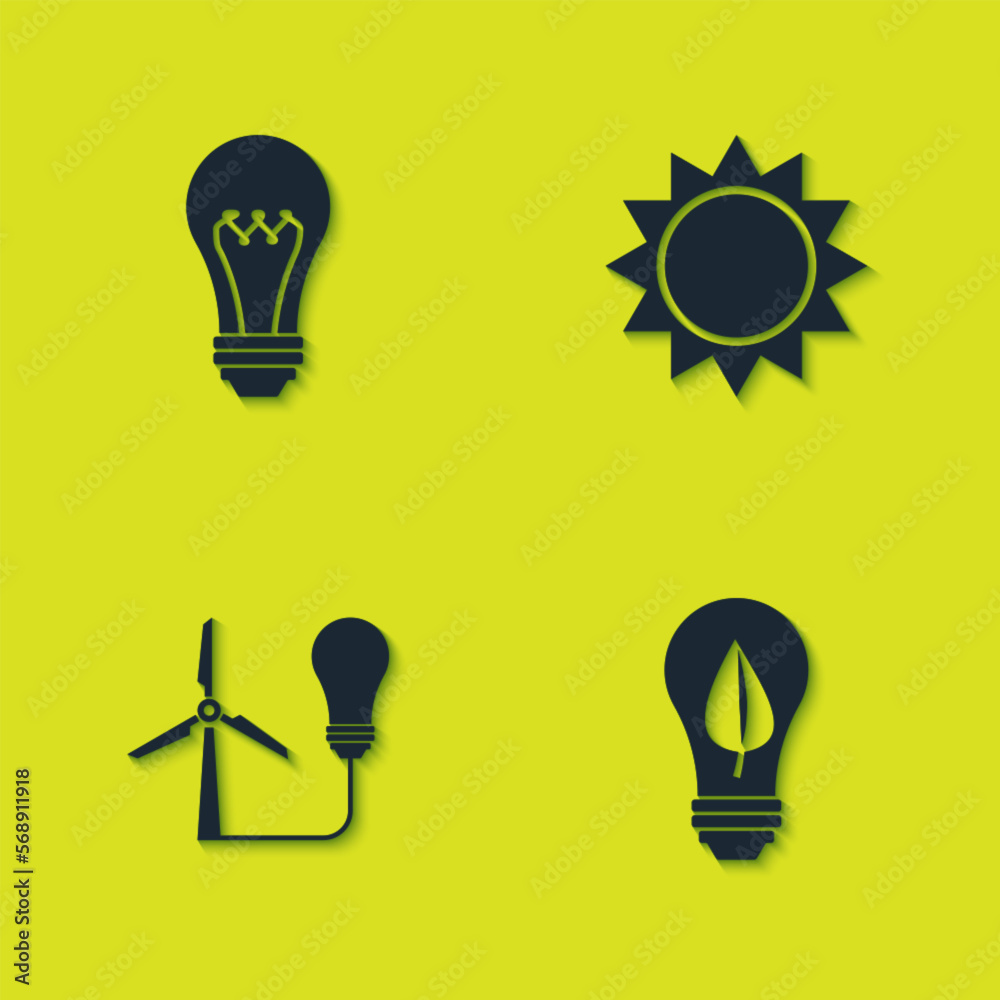 Wall mural set light bulb, with leaf, wind turbine and sun icon. vector