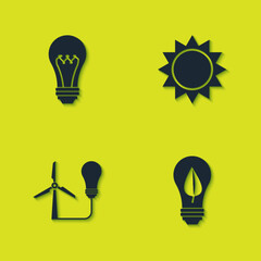 Set Light bulb, with leaf, wind turbine and Sun icon. Vector